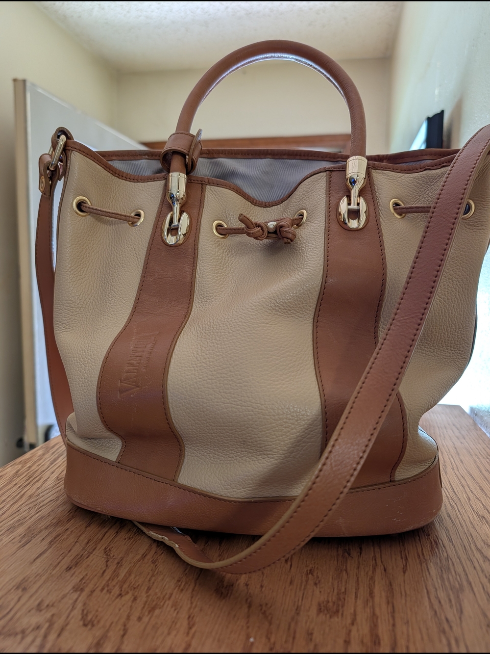 Valentina Two-Tone Cream and Brown Leather Drawstring Tote